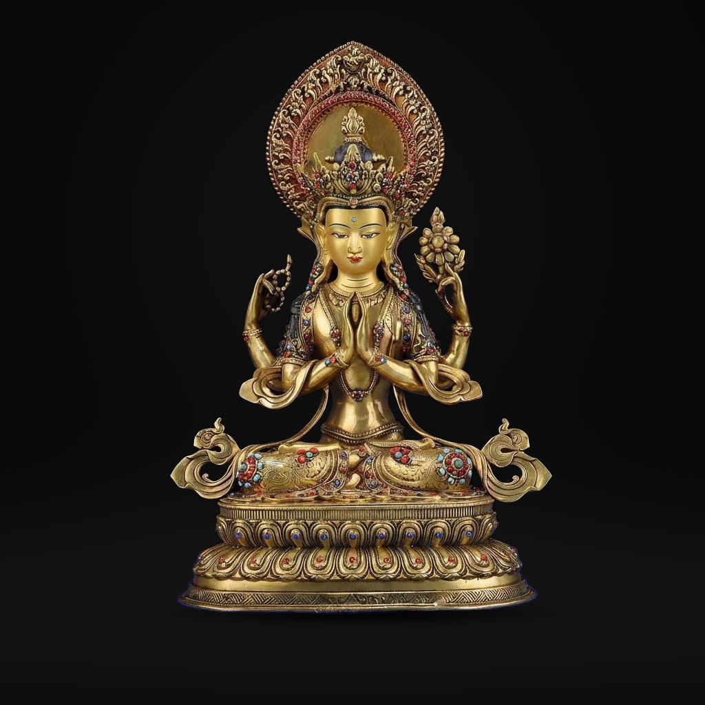 Tibetan Four-Armed Chenrezig Statue - 10" Bronze Avalokiteshvara Buddha Figurine for Home Altar Sacred Buddhist Decor