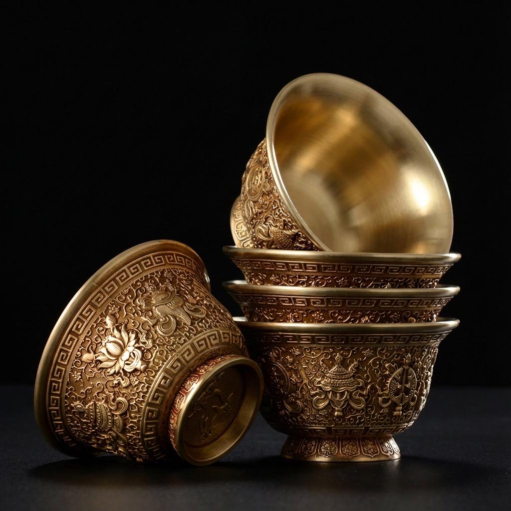 Handcrafted Brass Offering Bowl, Tibetan Buddhist Copper Altar Cup, for Rituals Meditation
