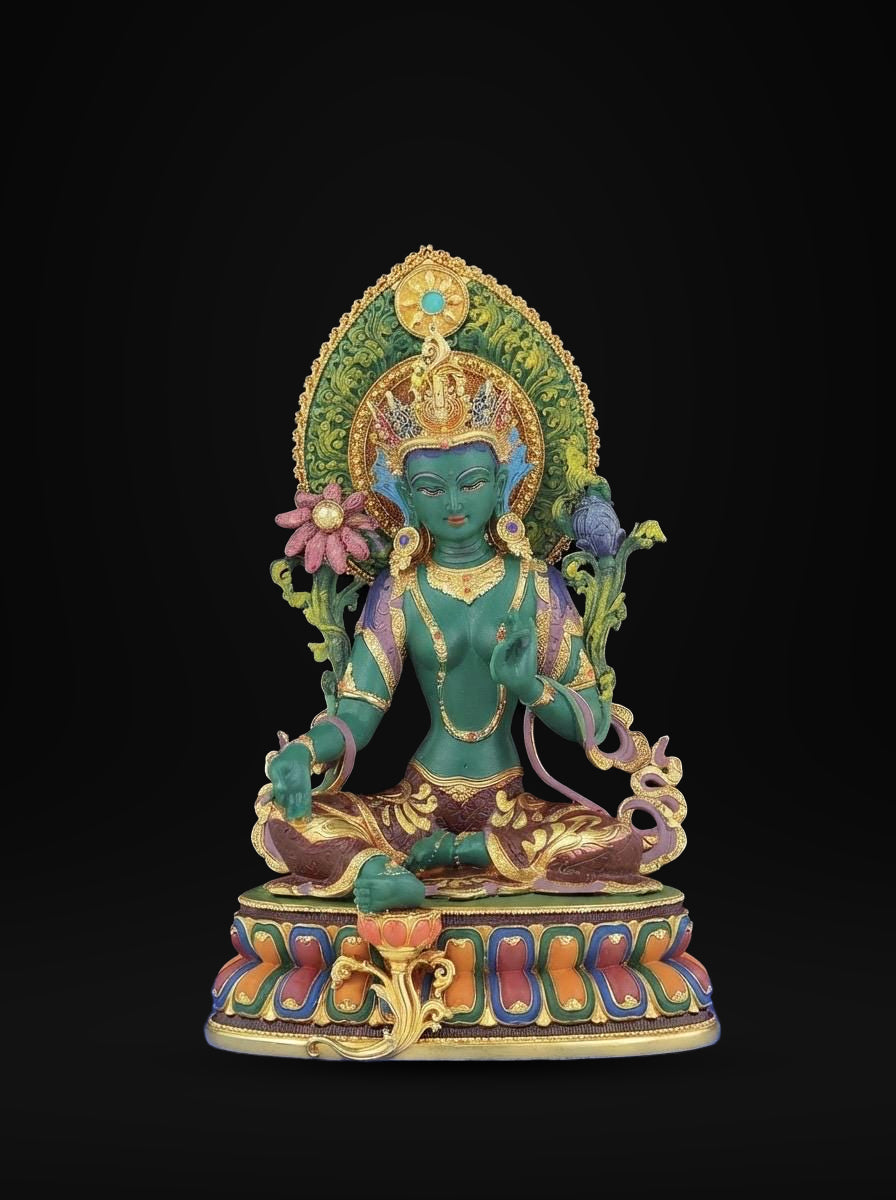 Nepali Green Tara Statue in 2 Styles - 5.9" Gold Gilded or Hand-Painted Tibetan Buddha - Copper Goddess Figurine for Home Altar & Meditation