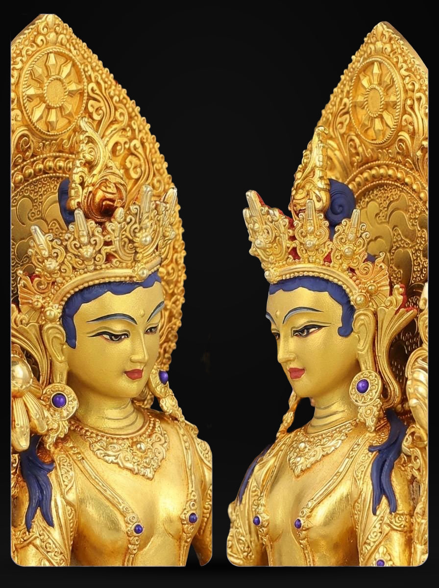 Nepali Green Tara Statue in 2 Styles - 5.9" Gold Gilded or Hand-Painted Tibetan Buddha - Copper Goddess Figurine for Home Altar & Meditation