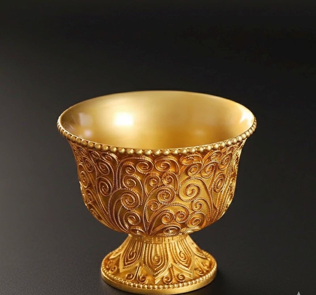 Solid Brass Buddhist Offering Cup, Intricate Filigree Altar Bowl, Tibetan Style Holy Water Vessel, Feng Shui Meditation Shrine Decor
