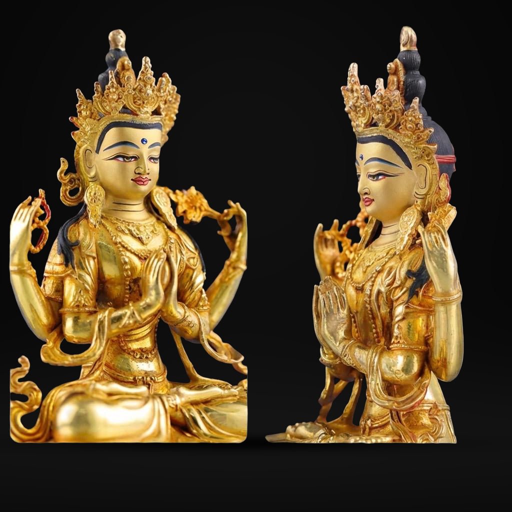 Handcrafted 4-Inch Chenrezig Buddha Statue, Nepali Mercury Gold Plated Copper, Exquisite Four-Armed Avalokiteshvara, Tibetan Buddhist Art
