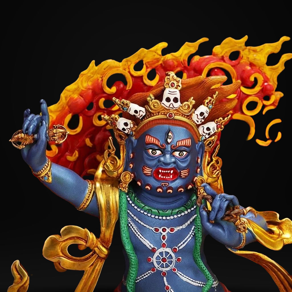 Handcrafted Vajrapani Statue - 10.6" Nepali Copper Buddha - Tibetan Buddhist Painted Bodhisattva with Flaming Backlight
