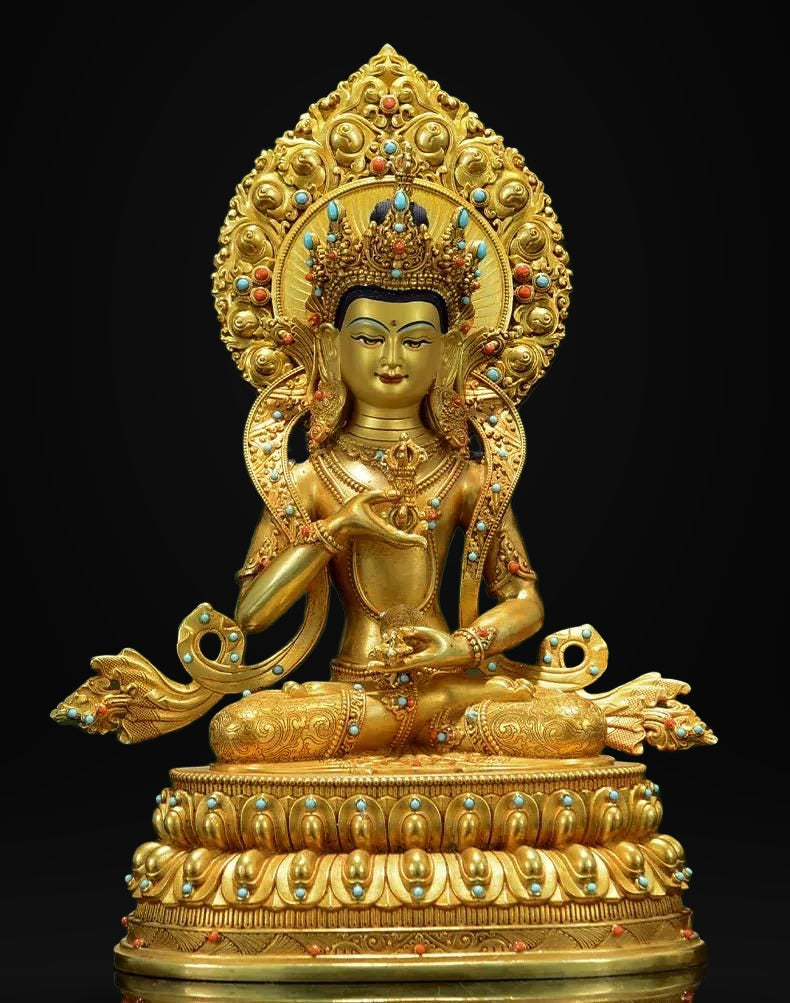 Gilded Vajrasattva Statue, 24K Gold Plated Copper Buddhist Deity, Exquisite Tibetan Buddha Figurine for Home Altar
