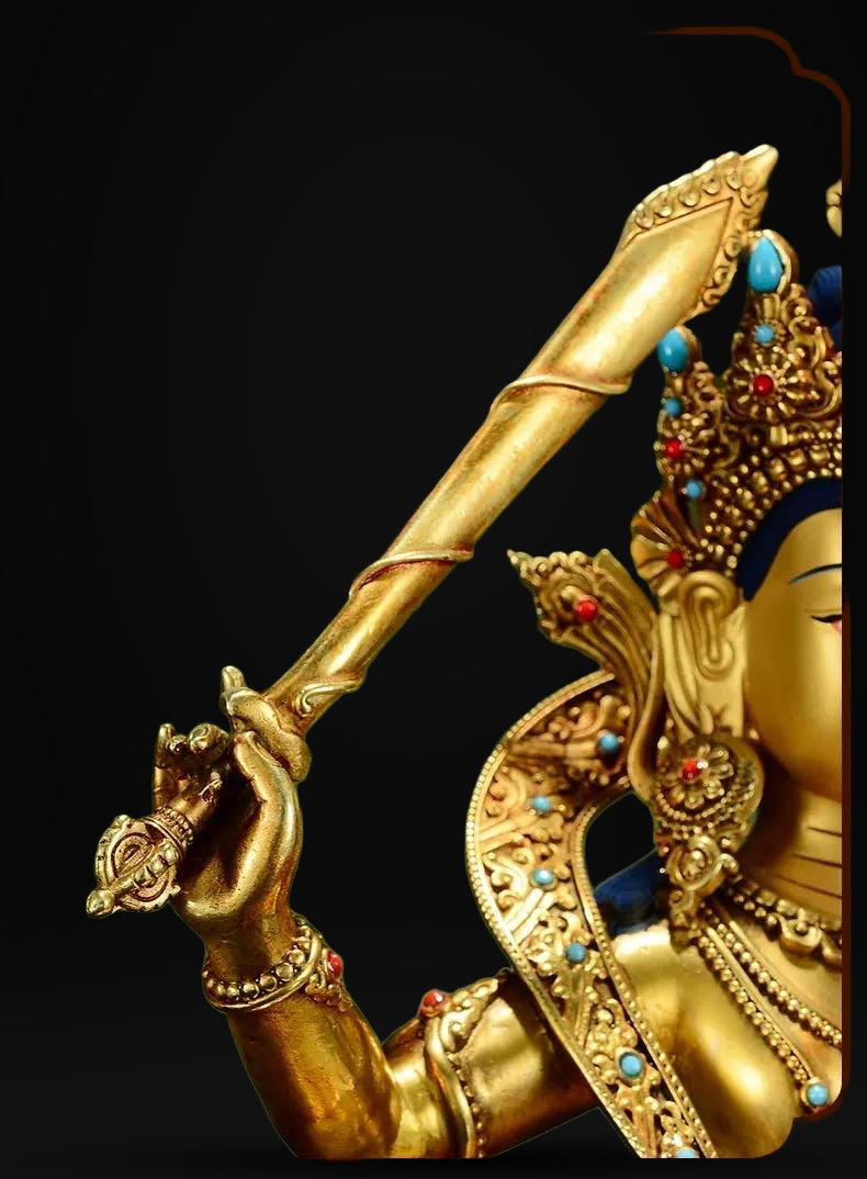 Manjushri Buddha Statue, Fully Gilded Gold Manjushri Copper Sculpture, Manjusri Bodhisattva Wisdom Buddha Home Decor, Sacred Buddhist Art