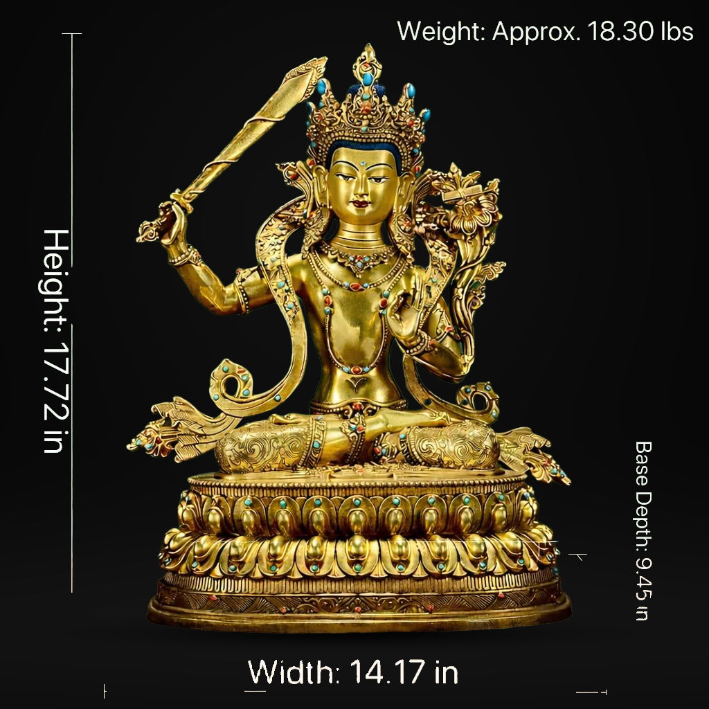 Manjushri Buddha Statue, Fully Gilded Gold Manjushri Copper Sculpture, Manjusri Bodhisattva Wisdom Buddha Home Decor, Sacred Buddhist Art