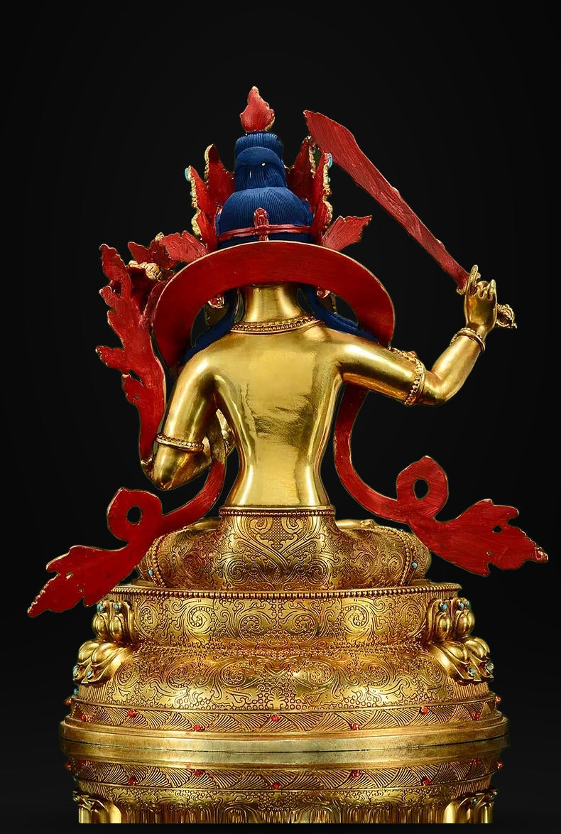 Manjushri Buddha Statue, Fully Gilded Gold Manjushri Copper Sculpture, Manjusri Bodhisattva Wisdom Buddha Home Decor, Sacred Buddhist Art