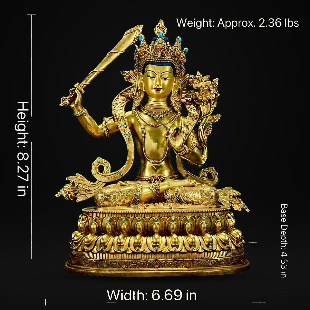 Manjushri Buddha Statue, Fully Gilded Gold Manjushri Copper Sculpture, Manjusri Bodhisattva Wisdom Buddha Home Decor, Sacred Buddhist Art