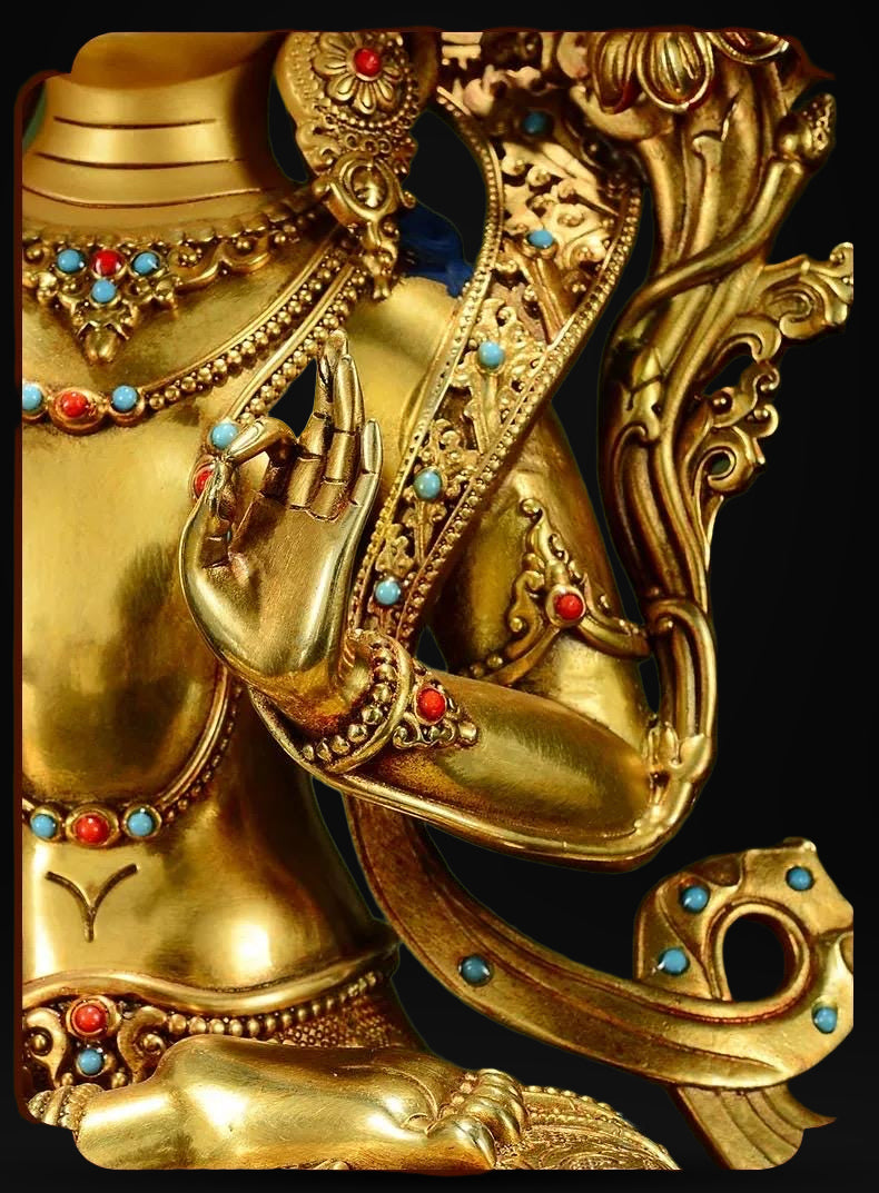 Manjushri Buddha Statue, Fully Gilded Gold Manjushri Copper Sculpture, Manjusri Bodhisattva Wisdom Buddha Home Decor, Sacred Buddhist Art