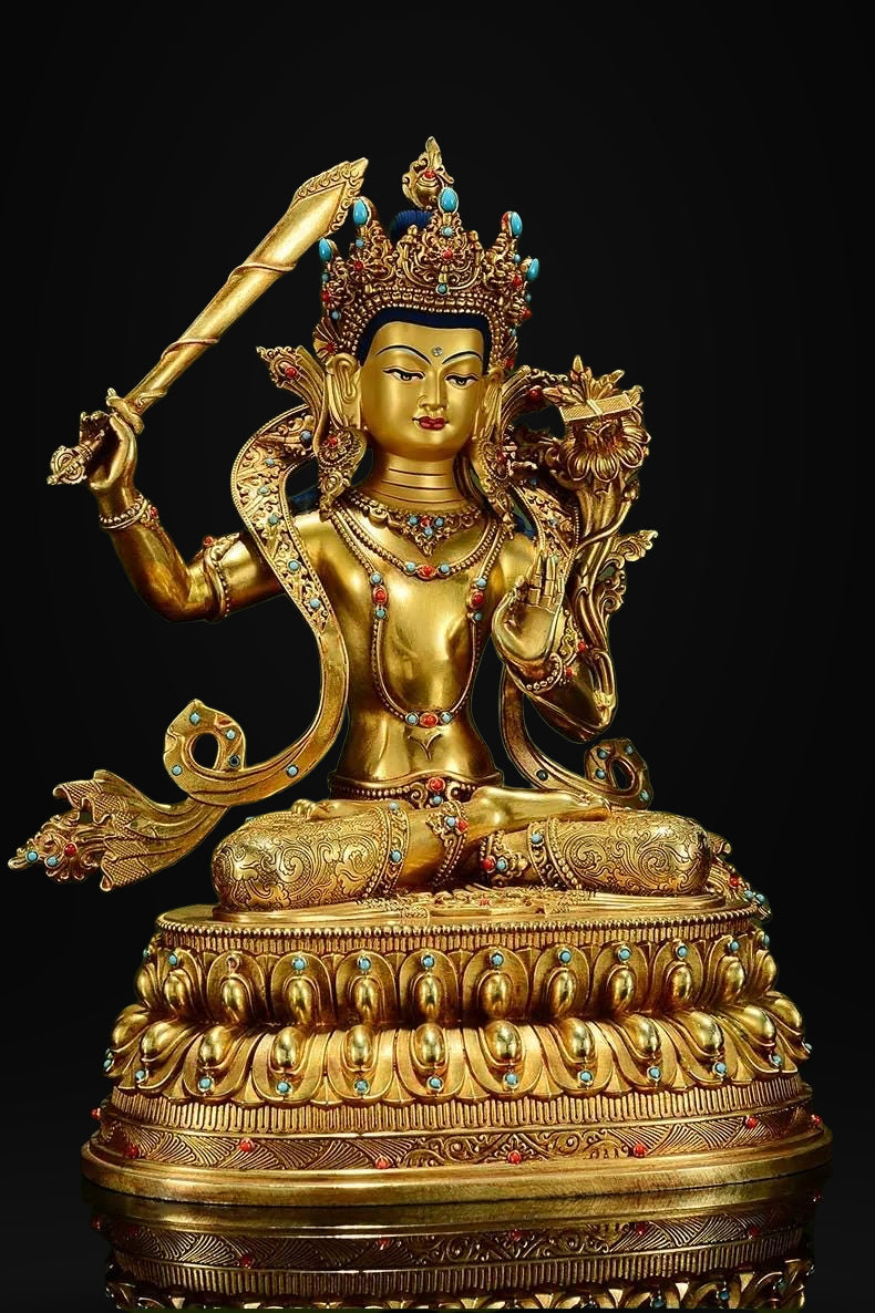 Manjushri Buddha Statue, Fully Gilded Gold Manjushri Copper Sculpture, Manjusri Bodhisattva Wisdom Buddha Home Decor, Sacred Buddhist Art