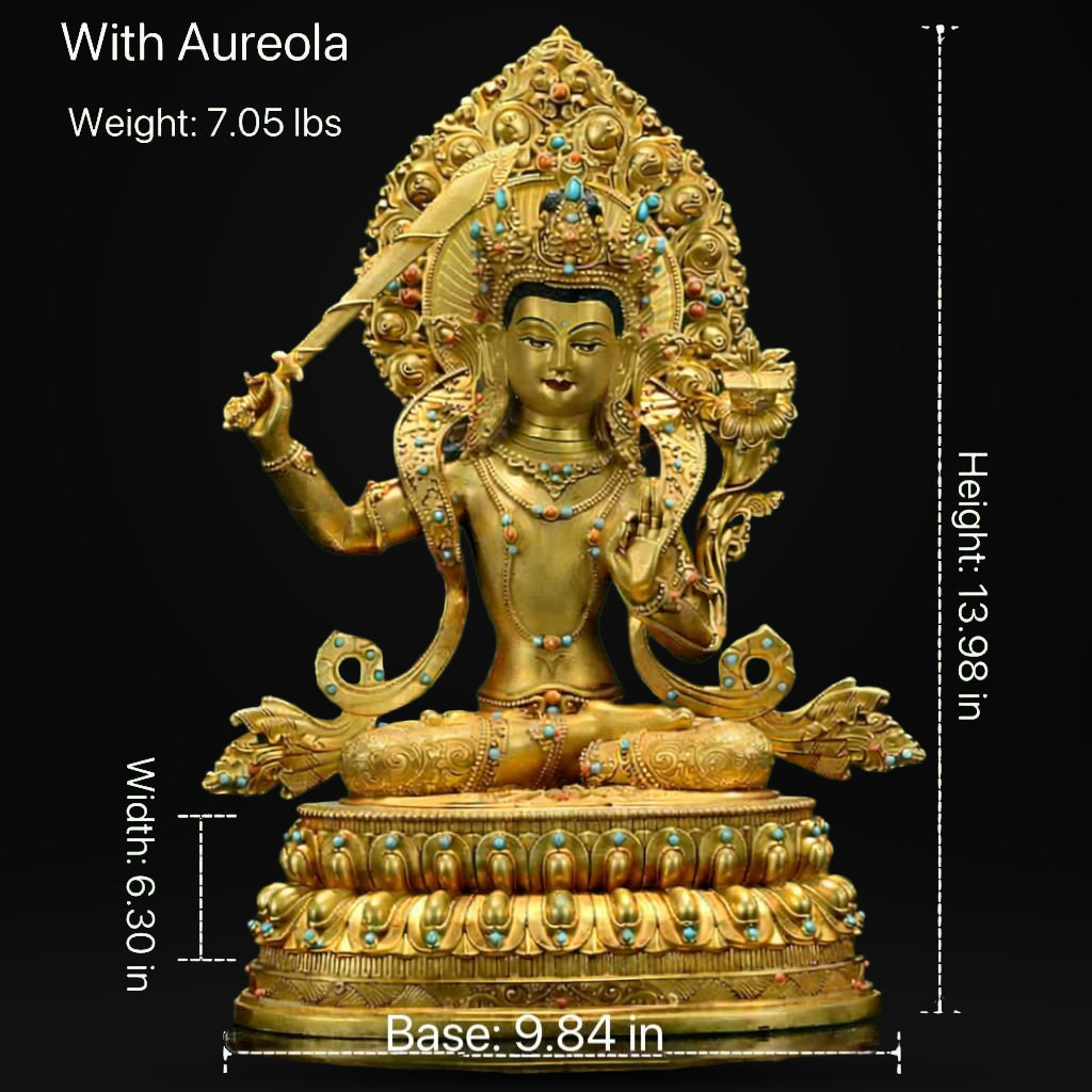 Manjushri Buddha Statue, Fully Gilded Gold Manjushri Copper Sculpture, Manjusri Bodhisattva Wisdom Buddha Home Decor, Sacred Buddhist Art