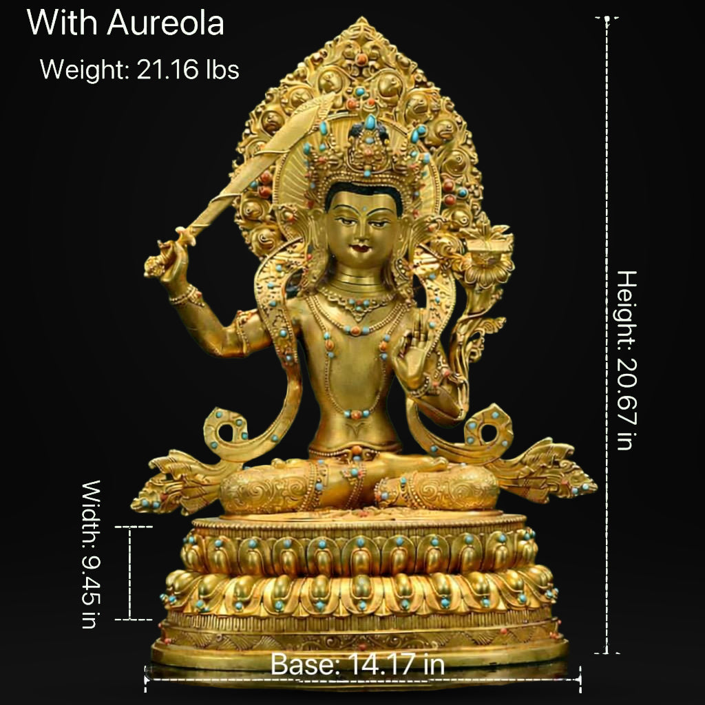 Manjushri Buddha Statue, Fully Gilded Gold Manjushri Copper Sculpture, Manjusri Bodhisattva Wisdom Buddha Home Decor, Sacred Buddhist Art