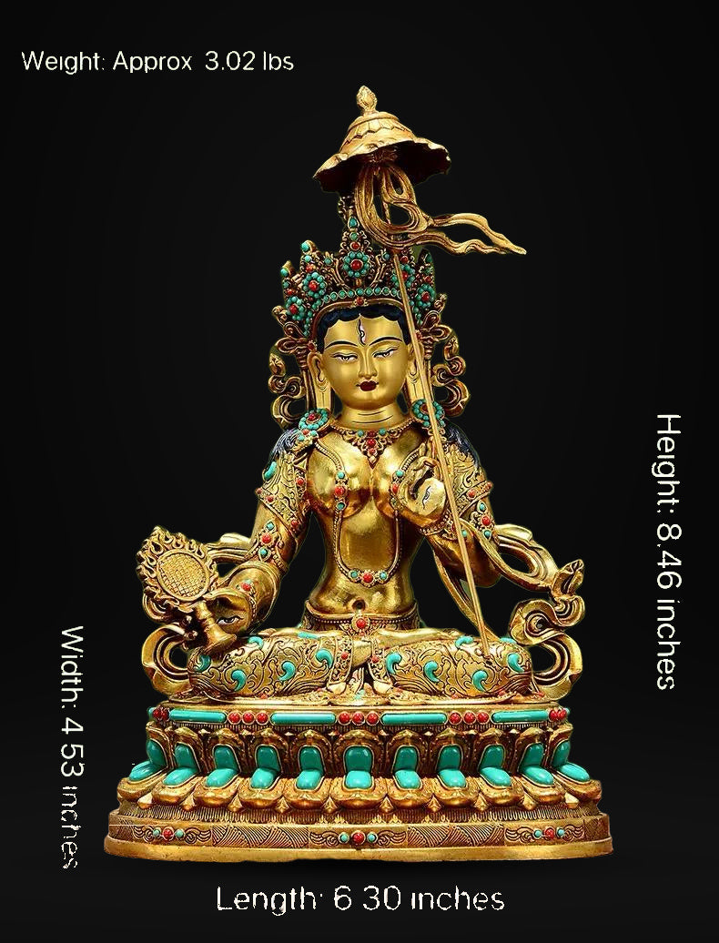 Gilded Copper Sitatapatra Statue, White Umbrella Goddess, Dukkar Buddha, Inlaid Colorful Beads, Tibetan Buddhist Art for Home Decor Altar