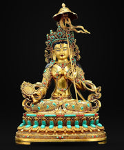 Gilded Copper Sitatapatra Statue, White Umbrella Goddess, Dukkar Buddha, Inlaid Colorful Beads, Tibetan Buddhist Art for Home Decor Altar