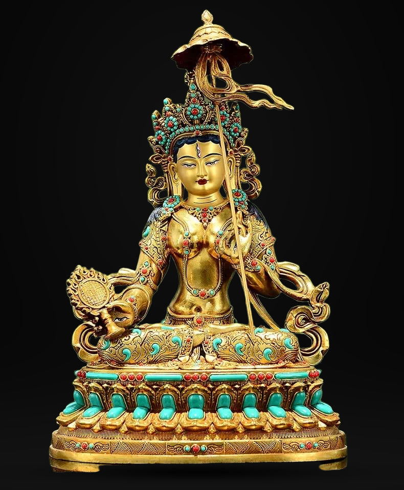 Gilded Copper Sitatapatra Statue, White Umbrella Goddess, Dukkar Buddha, Inlaid Colorful Beads, Tibetan Buddhist Art for Home Decor Altar