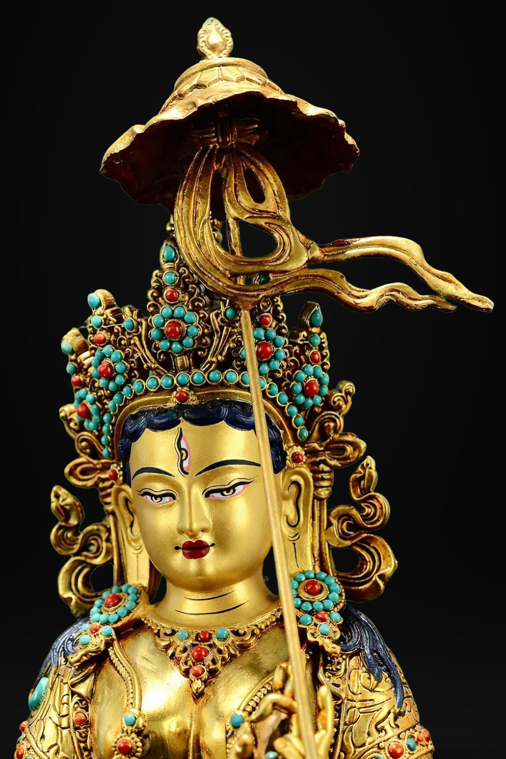 Gilded Copper Sitatapatra Statue, White Umbrella Goddess, Dukkar Buddha, Inlaid Colorful Beads, Tibetan Buddhist Art for Home Decor Altar
