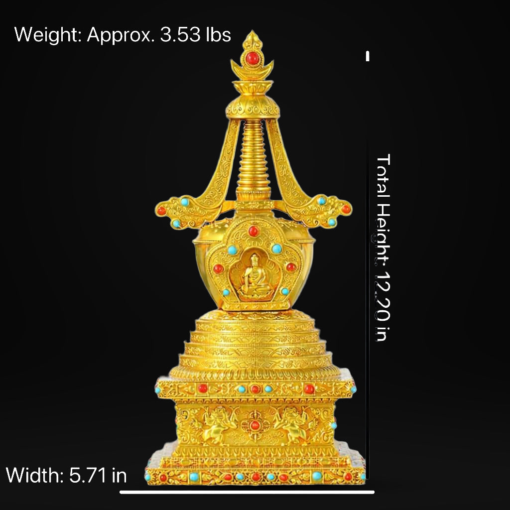 Gold Gilt Brass Buddhist Stupa Pagoda | Tibetan Relic Tower | Sacred Altar & Meditation Home Decor