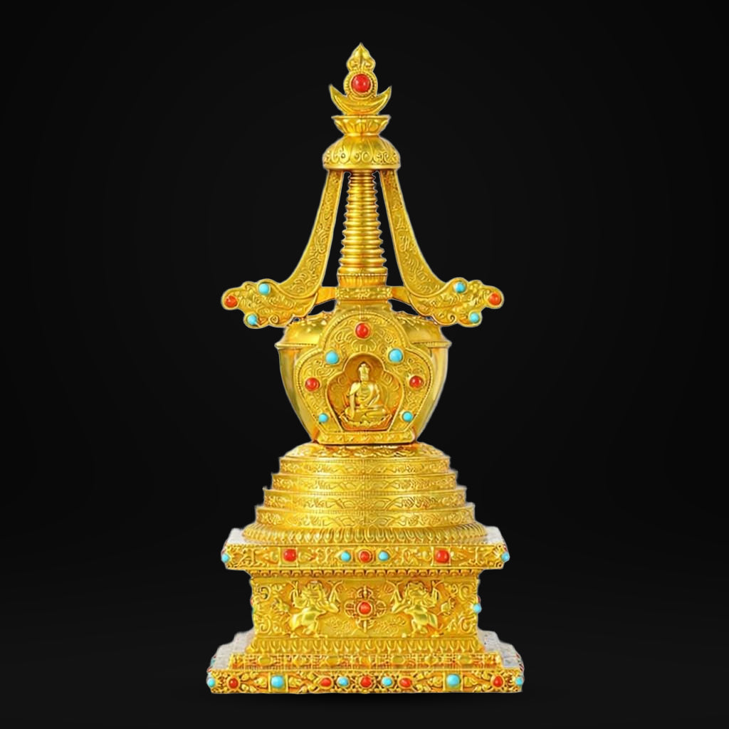 Gold Gilt Brass Buddhist Stupa Pagoda | Tibetan Relic Tower | Sacred Altar & Meditation Home Decor