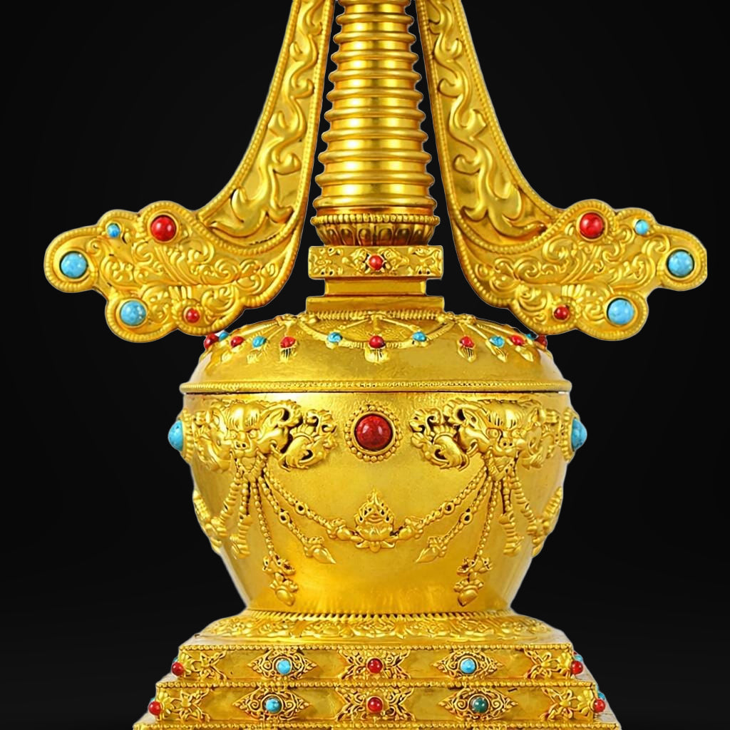 Gold Gilt Brass Buddhist Stupa Pagoda | Tibetan Relic Tower | Sacred Altar & Meditation Home Decor