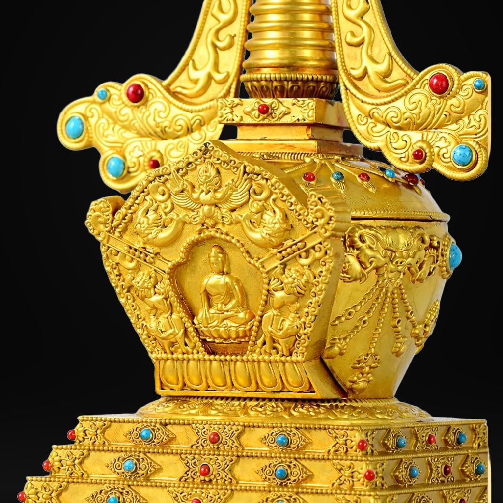 Gold Gilt Brass Buddhist Stupa Pagoda | Tibetan Relic Tower | Sacred Altar & Meditation Home Decor