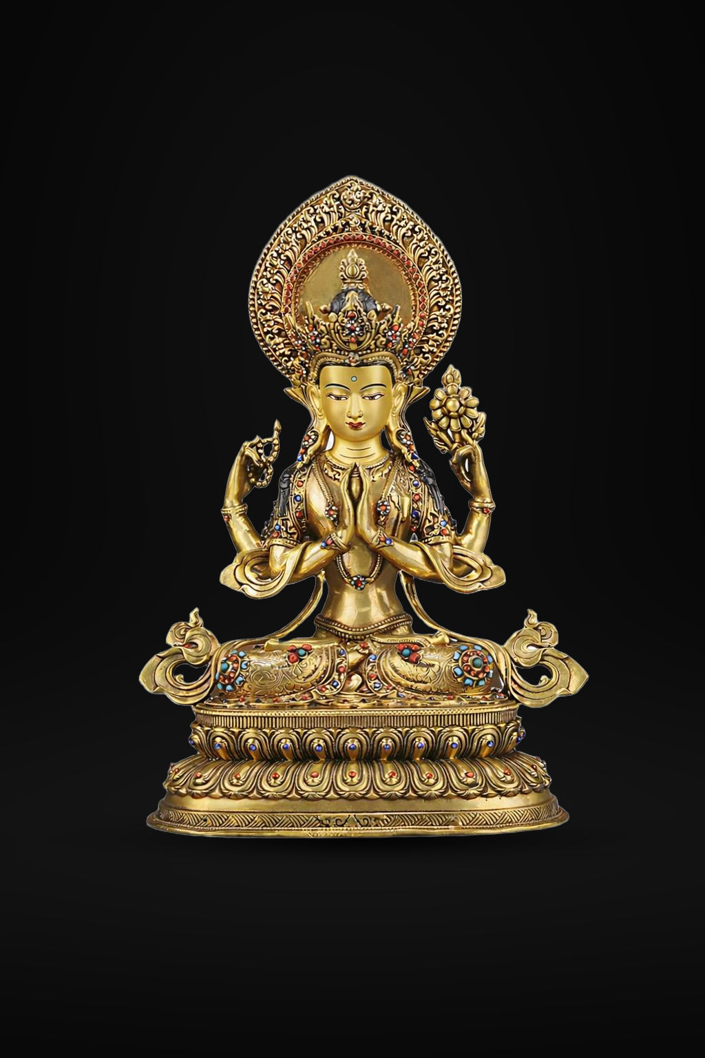 Tibetan Four-Armed Chenrezig Statue - 10" Bronze Avalokiteshvara Buddha Figurine for Home Altar Sacred Buddhist Decor