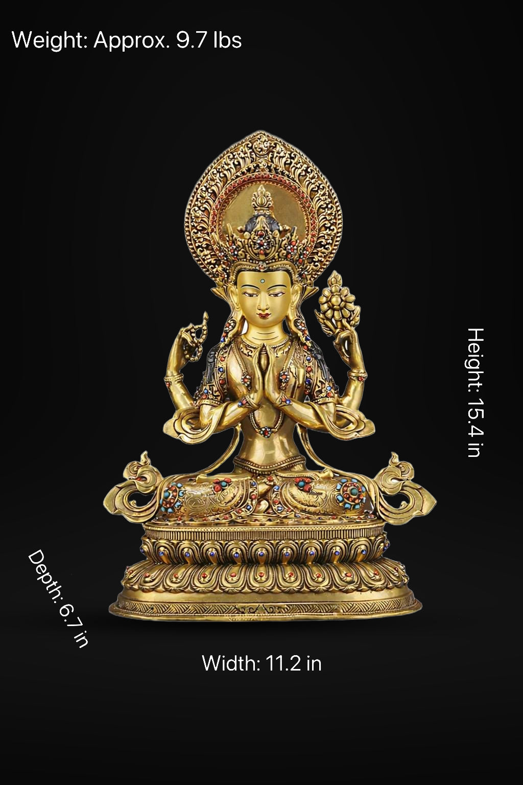 Tibetan Four-Armed Chenrezig Statue - 10" Bronze Avalokiteshvara Buddha Figurine for Home Altar Sacred Buddhist Decor