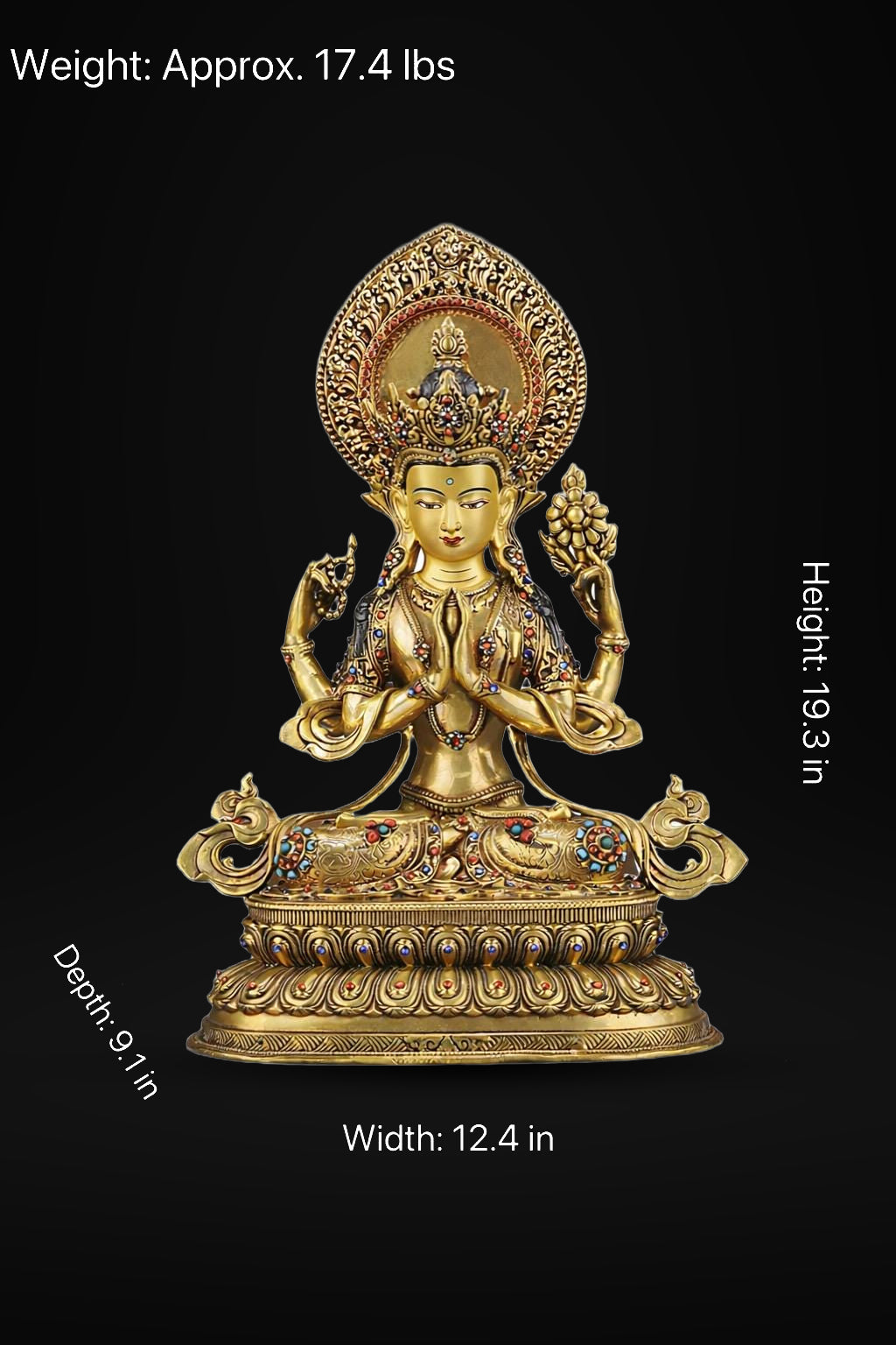 Tibetan Four-Armed Chenrezig Statue - 10" Bronze Avalokiteshvara Buddha Figurine for Home Altar Sacred Buddhist Decor