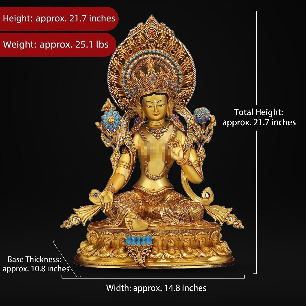 Nepali Handcrafted Green Tara Statue Gold Gilded Bronze Tibetan Buddha Goddess Figurine for Home Altar Decor, Zen Spiritual Healing Gift