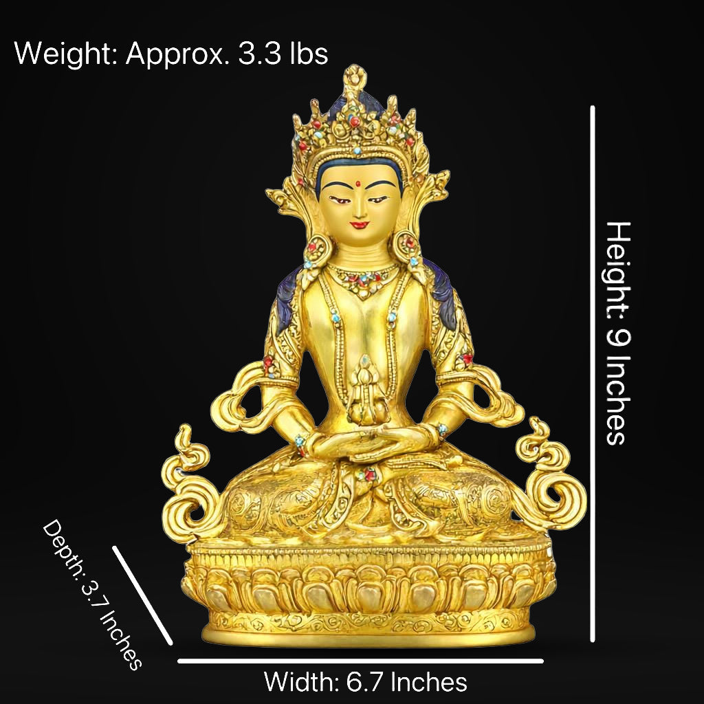 Tibetan Longevity Buddha (Amitayus) - Hand-Carved Copper Statue from Nepal - Buddhist Healing & Long Life Deity for Zen Home