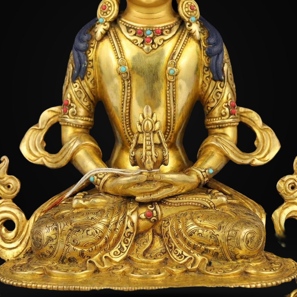 Tibetan Longevity Buddha (Amitayus) - Hand-Carved Copper Statue from Nepal - Buddhist Healing & Long Life Deity for Zen Home