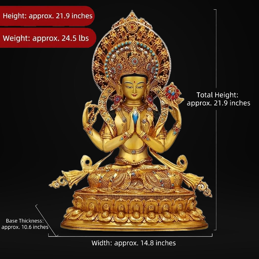 Nepali Handmade 24k Gold Gilded Four-Armed Chenrezig Statue - Tibetan Avalokiteshvara Buddha - Copper Buddhist Altar Decor - Spiritual Gift