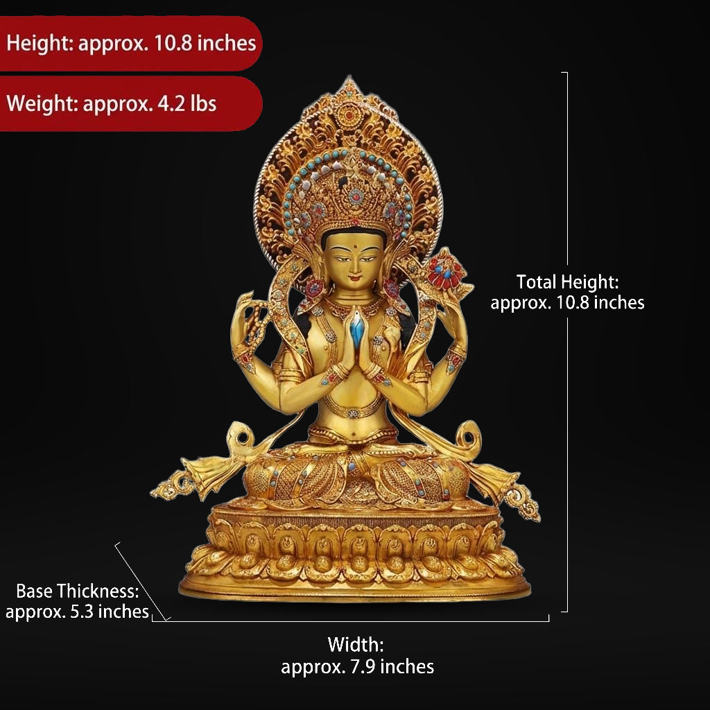 Nepali Handmade 24k Gold Gilded Four-Armed Chenrezig Statue - Tibetan Avalokiteshvara Buddha - Copper Buddhist Altar Decor - Spiritual Gift