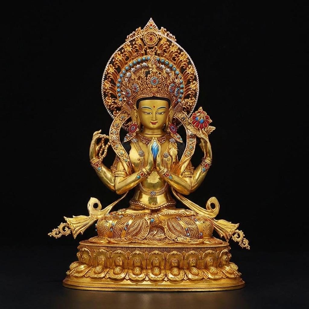 Nepali Handmade 24k Gold Gilded Four-Armed Chenrezig Statue - Tibetan Avalokiteshvara Buddha - Copper Buddhist Altar Decor - Spiritual Gift