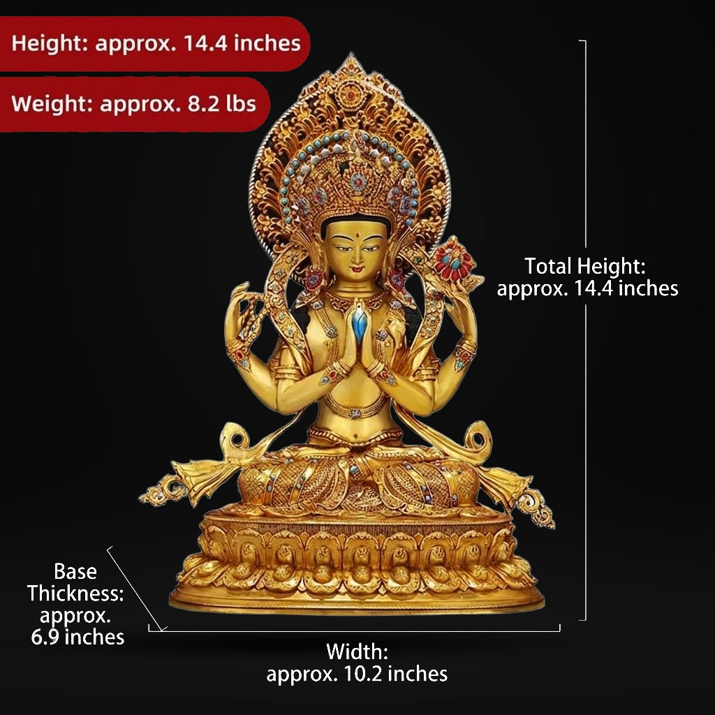 Nepali Handmade 24k Gold Gilded Four-Armed Chenrezig Statue - Tibetan Avalokiteshvara Buddha - Copper Buddhist Altar Decor - Spiritual Gift