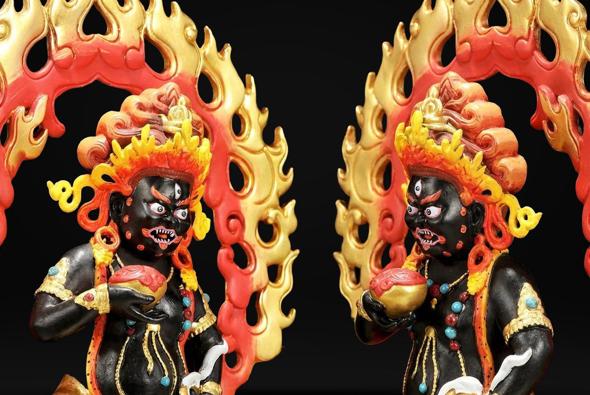 Handmade Black Jambhala Statue - Tibetan God of Wealth - 10.6" Nepalese Copper Painted Buddhist Deity - Feng Shui Wealth Protector