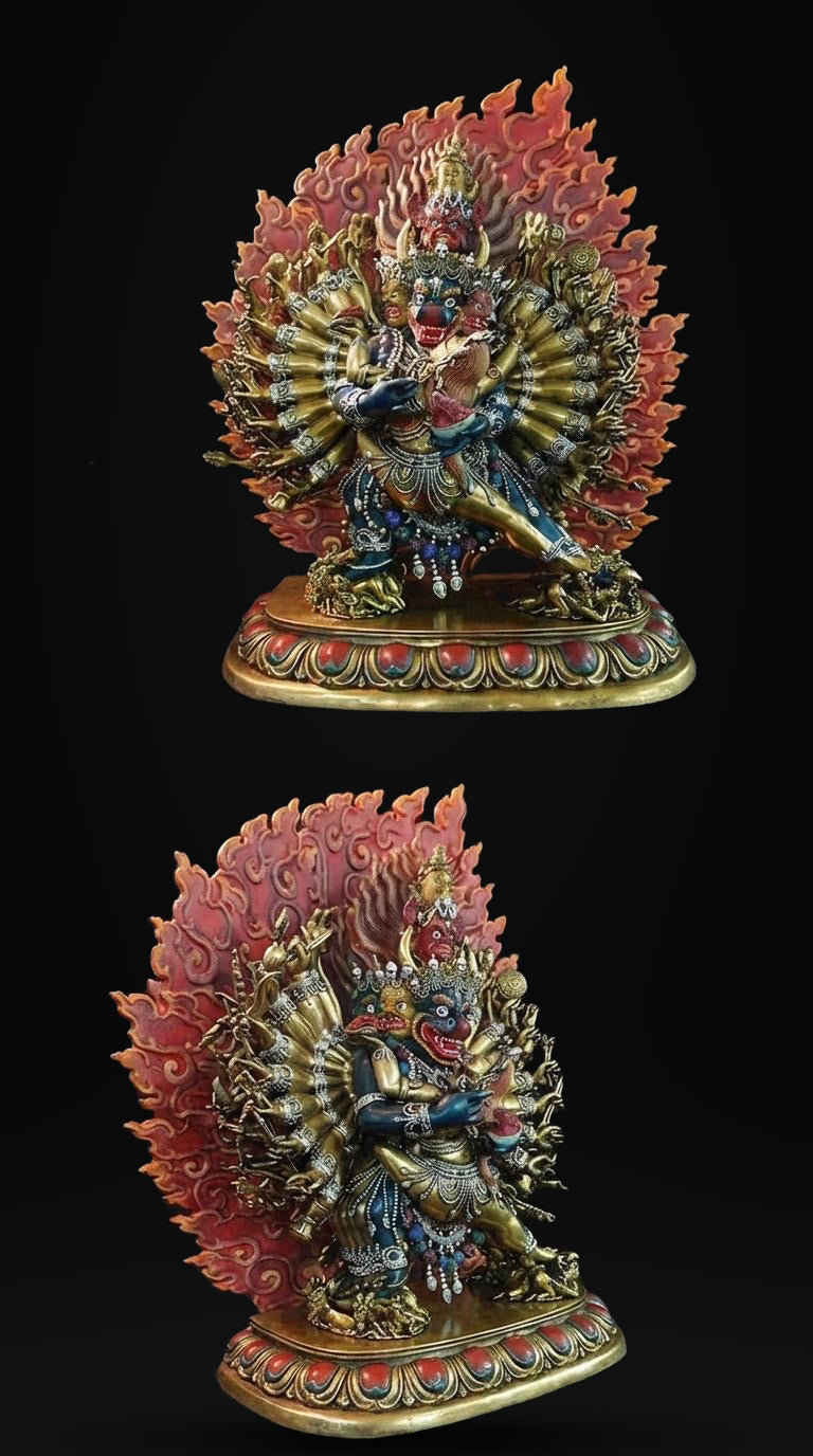 Vajrabhairava Statue - Tibetan Yamantaka Buddha with Hand-painted Halo - Nepalese Bronze Art - Tantric Buddhist Protector Sculpture