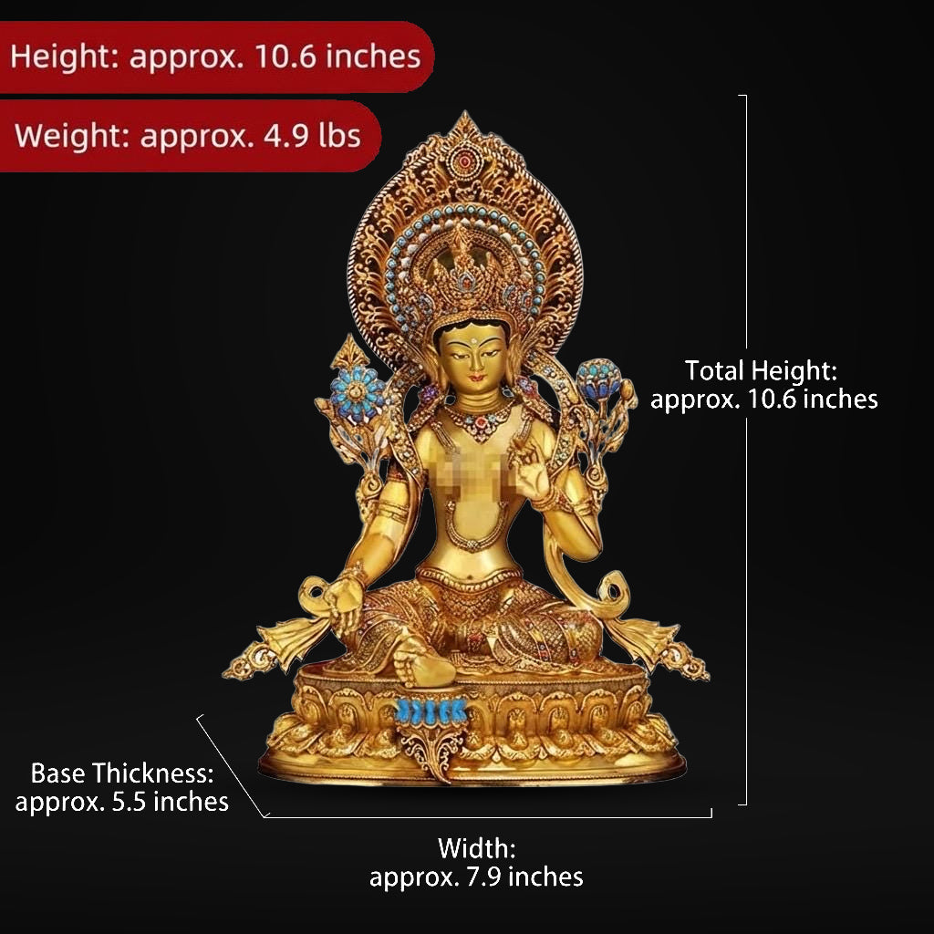 Nepali Handcrafted Green Tara Statue Gold Gilded Bronze Tibetan Buddha Goddess Figurine for Home Altar Decor, Zen Spiritual Healing Gift