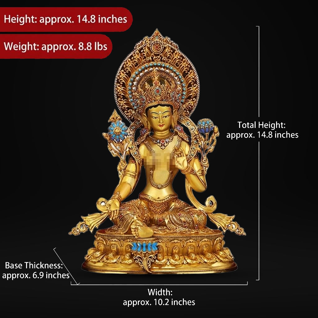 Nepali Handcrafted Green Tara Statue Gold Gilded Bronze Tibetan Buddha Goddess Figurine for Home Altar Decor, Zen Spiritual Healing Gift