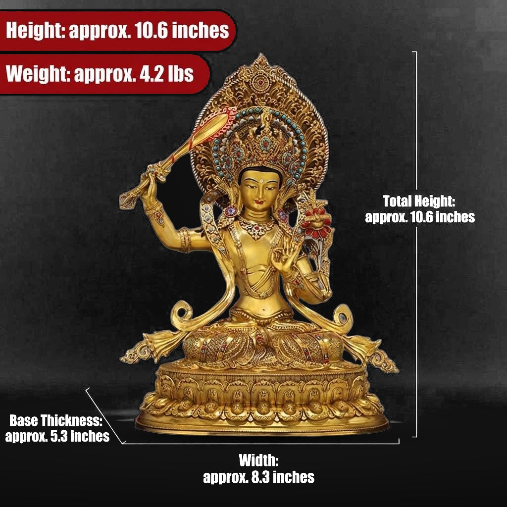 Nepal Handmade Copper Gilt Manjushri Statue, Gold Plated Bodhisattva of Wisdom, Tibetan Buddhist Altar Decor, Zen Gift