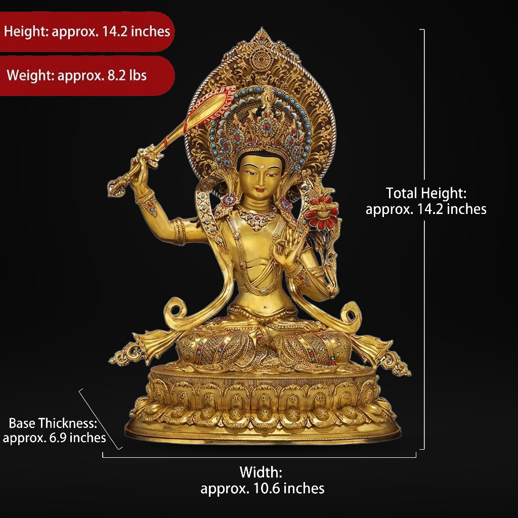 Nepal Handmade Copper Gilt Manjushri Statue, Gold Plated Bodhisattva of Wisdom, Tibetan Buddhist Altar Decor, Zen Gift