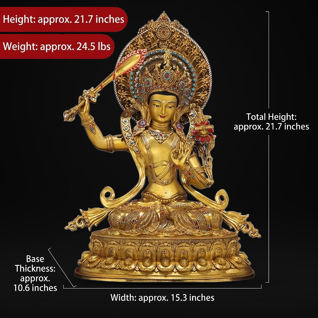 Nepal Handmade Copper Gilt Manjushri Statue, Gold Plated Bodhisattva of Wisdom, Tibetan Buddhist Altar Decor, Zen Gift