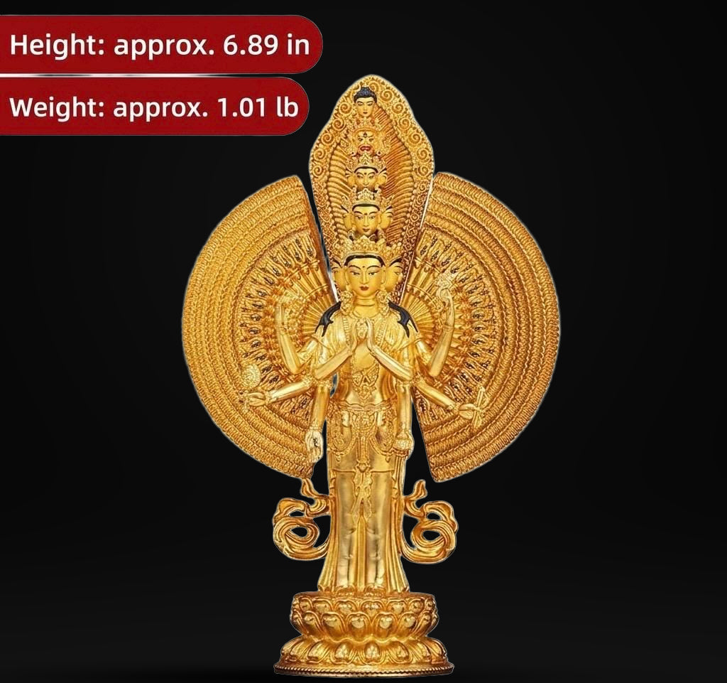 Gilt Bronze Thousand-Armed Avalokiteshvara Statue, Nepal Craft Guanyin Buddha, Bodhisattva of Compassion, Tibetan Buddhist Decor