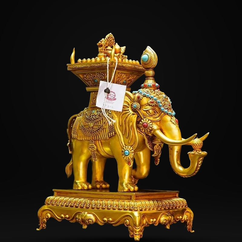 Tibetan Gilt Bronze Elephant Statues, Pair of Nepal Style Antique Elephant Ornaments, Handmade Sacred Buddhist Ritual Art, Home Decor