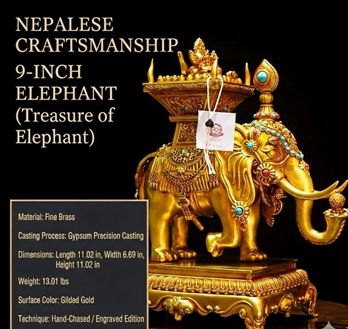 Tibetan Gilt Bronze Elephant Statues, Pair of Nepal Style Antique Elephant Ornaments, Handmade Sacred Buddhist Ritual Art, Home Decor