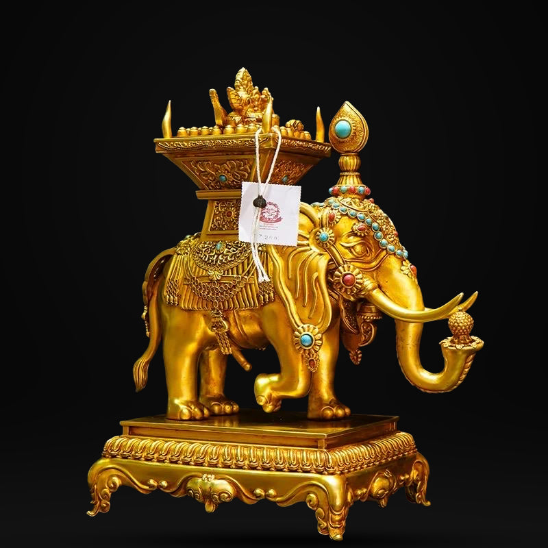 Tibetan Gilt Bronze Elephant Statues, Pair of Nepal Style Antique Elephant Ornaments, Handmade Sacred Buddhist Ritual Art, Home Decor