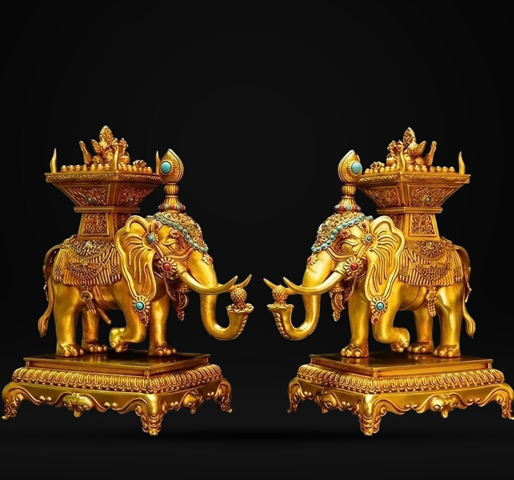 Tibetan Gilt Bronze Elephant Statues, Pair of Nepal Style Antique Elephant Ornaments, Handmade Sacred Buddhist Ritual Art, Home Decor