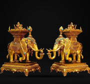 Tibetan Gilt Bronze Elephant Statues, Pair of Nepal Style Antique Elephant Ornaments, Handmade Sacred Buddhist Ritual Art, Home Decor