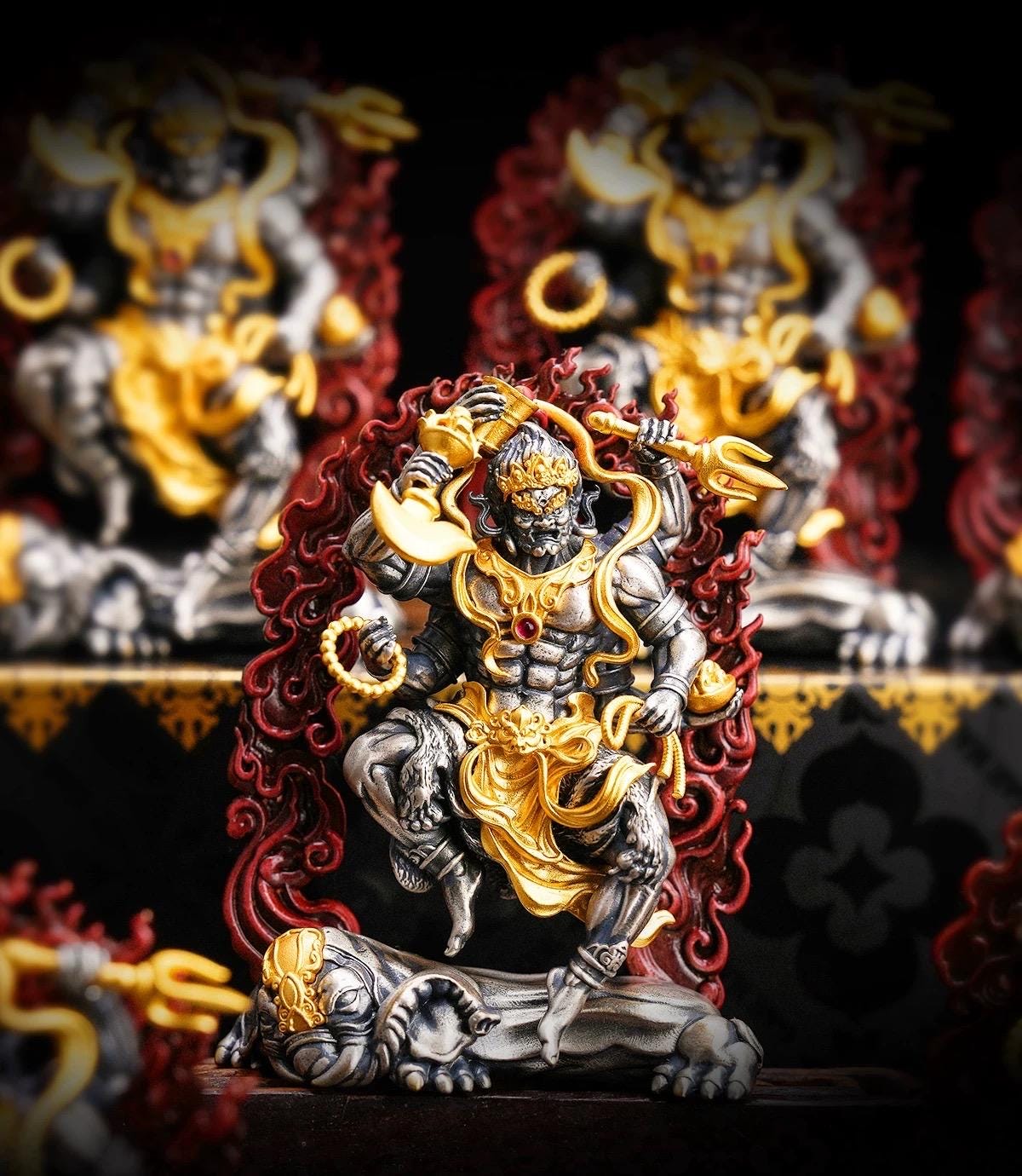 Six-Armed Mahakala Pendant, Original Design Gold Plated Buddhist Amulet, Tibetan Wrathful Deity Statue, Spiritual Gift, Dharma Jewelry Art
