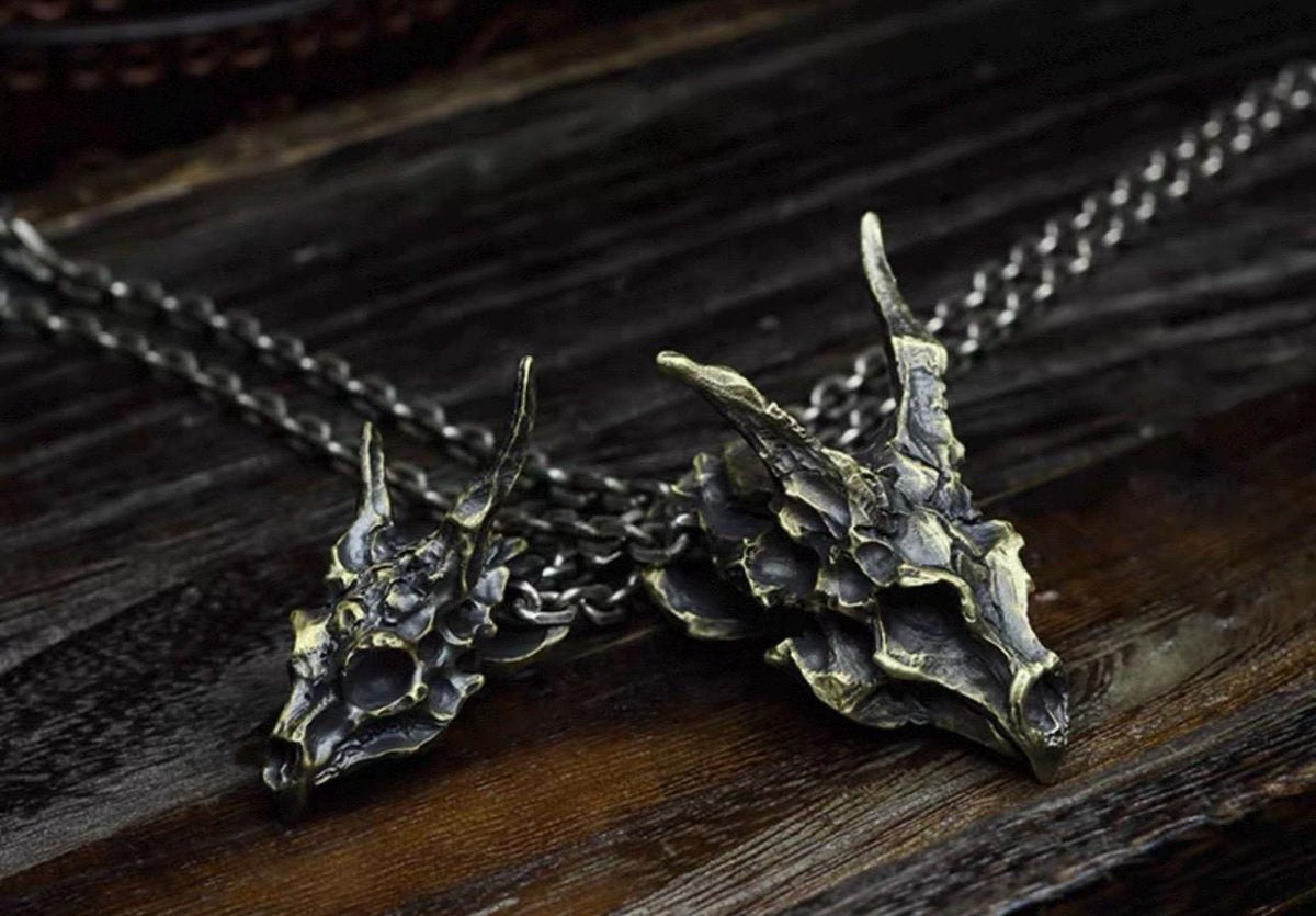 Handmade 925 Sterling Silver Dragon Skull Pendant Necklace, Vintage Brass Gothic Mythical Animal Amulet, Punk Biker Jewelry