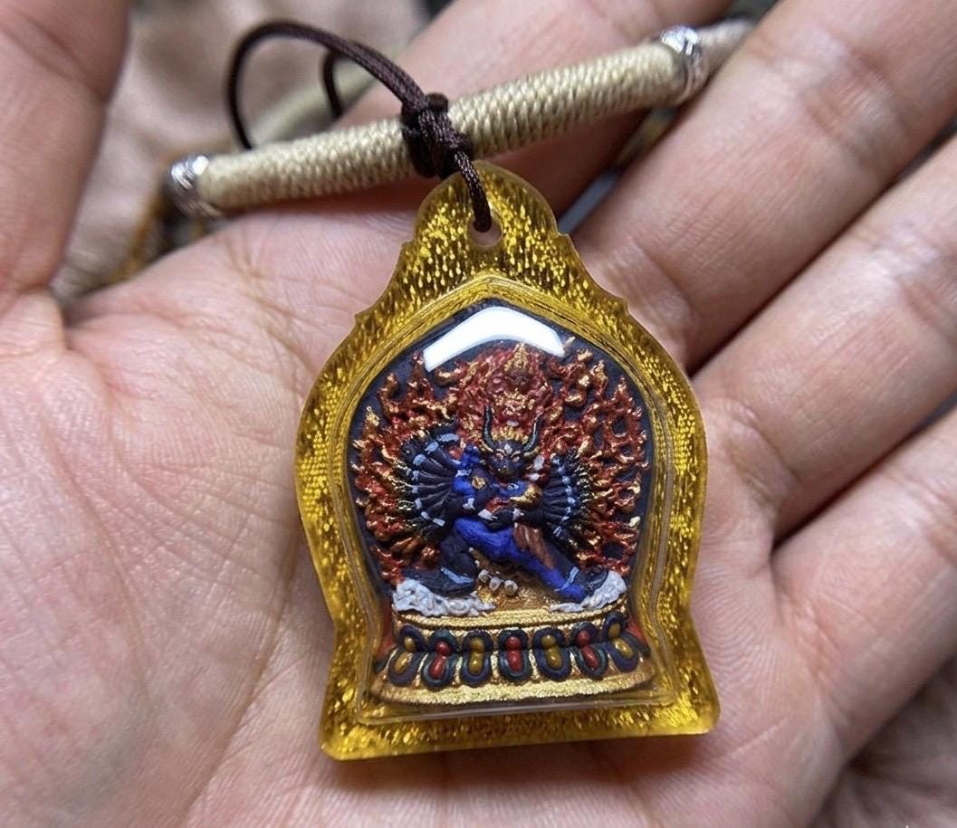 Tibetan Yamantaka Mini Thangka Pendant, Hand-painted Mineral Pigment Tsatsa, Vajrabhairava Buddhist Amulet Necklace, Sacred Himalayan Art